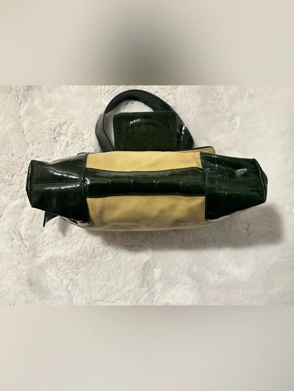 Tory Burch Vintage Baguette Shoulder Bag Khaki Canvas Dark Green Patent 11099828